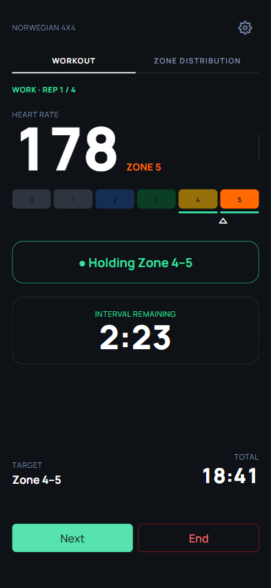 Zone Engine live workout screen
